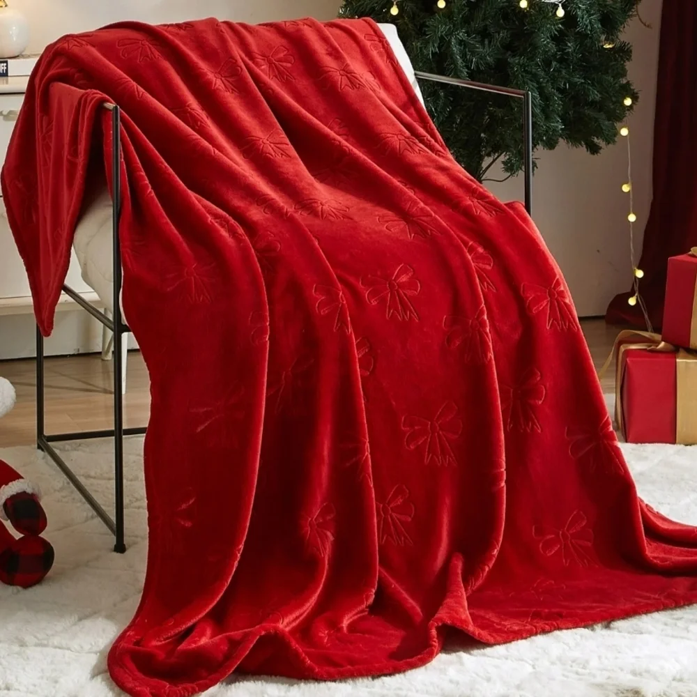 Red Plush Embossed Bows OverizedThrow Blanket, 50